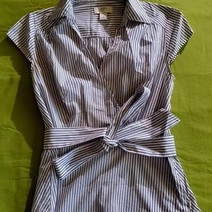 LOFT Black and White Striped Wrap Shirt with Self Tie